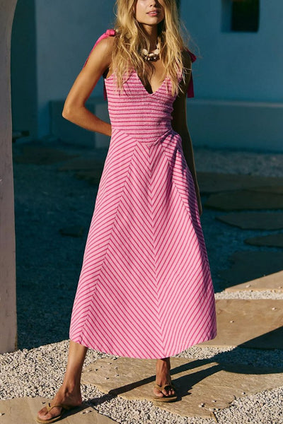 Linen Blend Solid Color V-neck Short Sleeve Waist Loose Slit Midi Dress