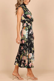 Wine Country Dates Floral Halter Neck Elastic Waist Satin Maxi Dress