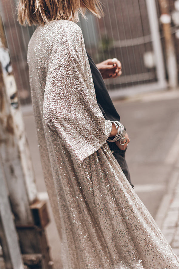 Apricot Sequin 3/4 Sleeve Open Front Duster Cardigan