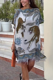 Charming Jungle Unique Tiger Print Feather Trim Loose Kaftan Mini Dress