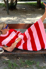 Red and pink wide striped knitted loose long dress