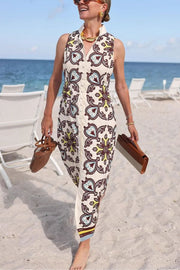 Unique Print Sleeveless Button Resort Midi Dress