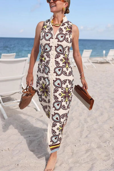 Unique Print Sleeveless Button Resort Midi Dress