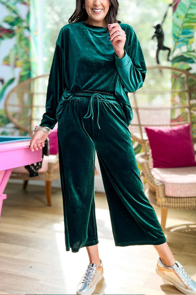 Blackish Green Velvet Long Sleeve Top & Wide Leg Pants Set