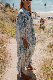 Quiet Sea Unique Print Pleated Neck Long Sleeve Slit Kaftan Maxi Dress