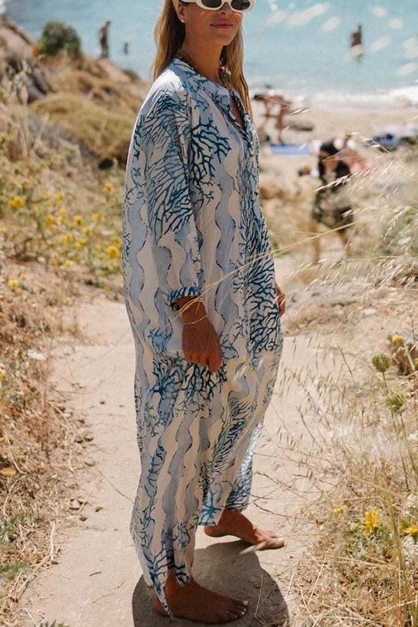 Quiet Sea Unique Print Pleated Neck Long Sleeve Slit Kaftan Maxi Dress