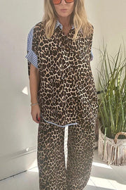 Comfortable Leopard Stripes Colorblock Print Oversized Shirt and Elastic Waist Pocket Loose Pants Set