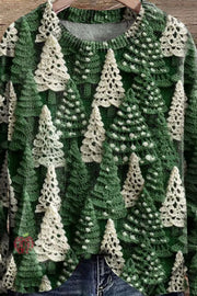 Christmas Tree Green White Print Knit Pullover Sweater