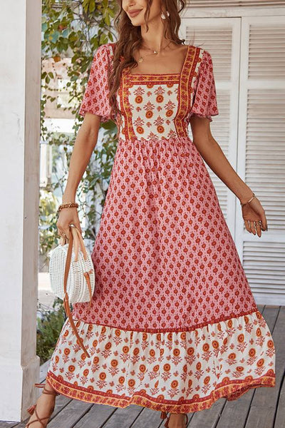 Ethnic-style printed square-neck dress
