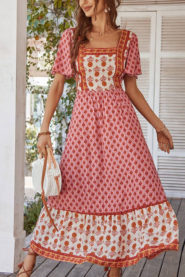Ethnic-style printed square-neck dress
