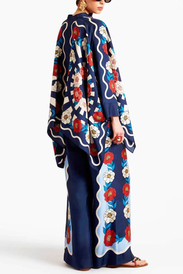 Fine Satin Floral Print Batwing Sleeve Pants Set - Blue