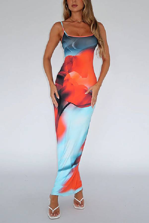 Spaghetti Strap Imperial Sapphire Print Maxi Dress