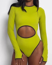 Women's Contrast Color Hollow Long Sleeve One-piece Swimsuit