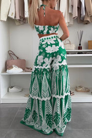 Cassie Ric Rac Trims Unique Print Halter Ring Tank and High Rise Wide Leg Pants Set