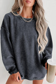 Solid Ribbed Round Neck Pullover Sweatshirt