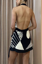 Unique Printed Open Back Waist Tie Holiday Mini Dress