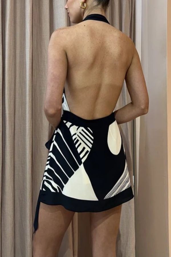 Unique Printed Open Back Waist Tie Holiday Mini Dress