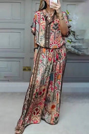 Boho Print Tassel Detail Casual Elastic Waist Pocket Wide-Leg Pants