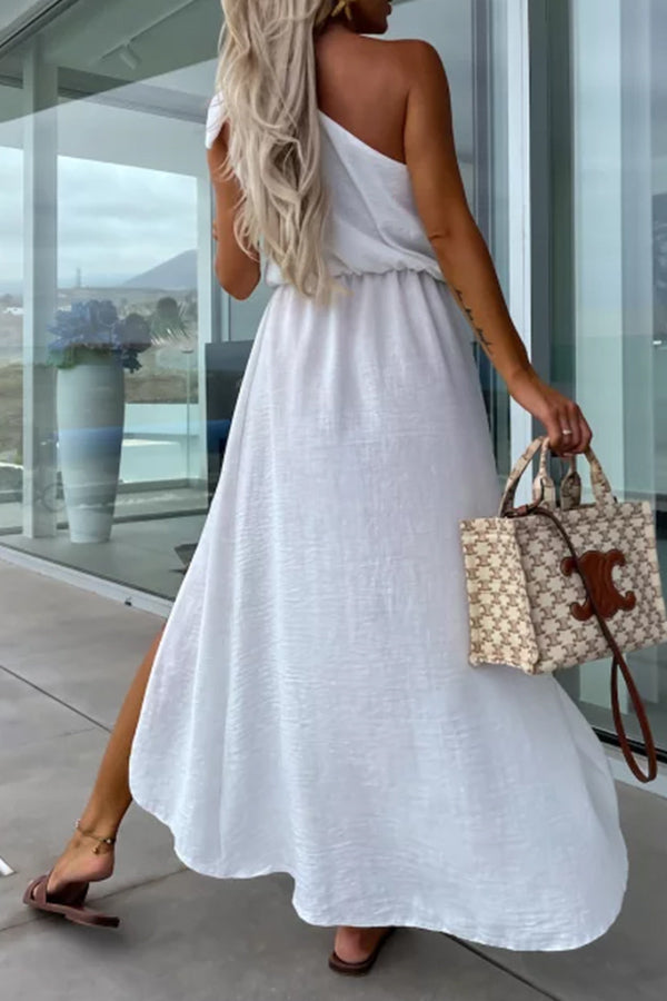 Bayside Beauty One Shoulder Slit Relaxed Midi Dress