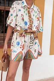 Sun Kiss Linen Blend Unique Print Button Loose Shirt and Elastic Waist Pocket Shorts Set