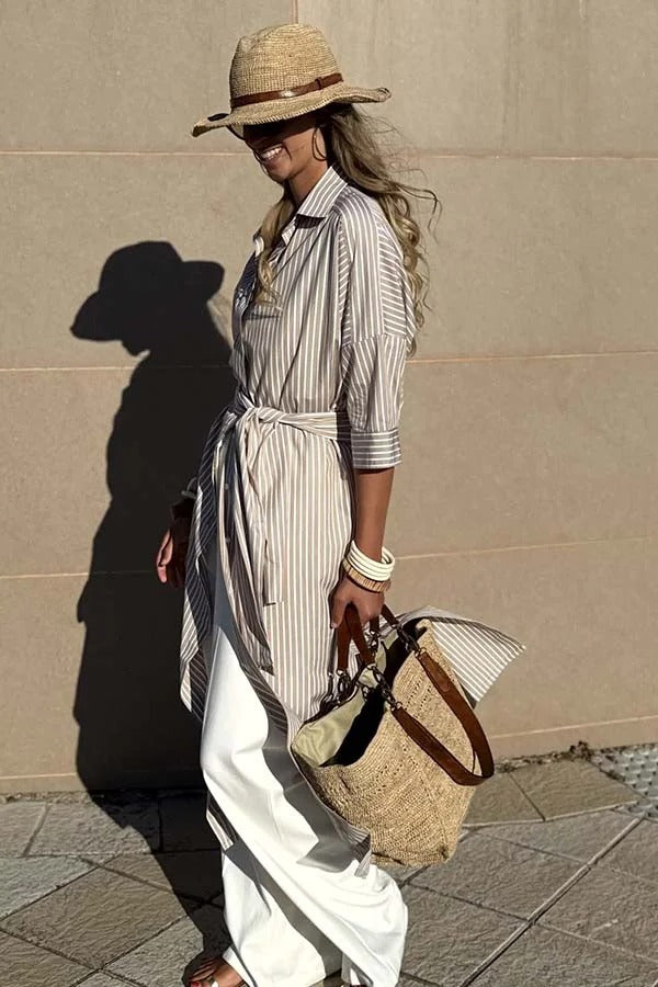 All-match Striped Button Up Half Sleeve Belted Pocket Shirt Midi Dress