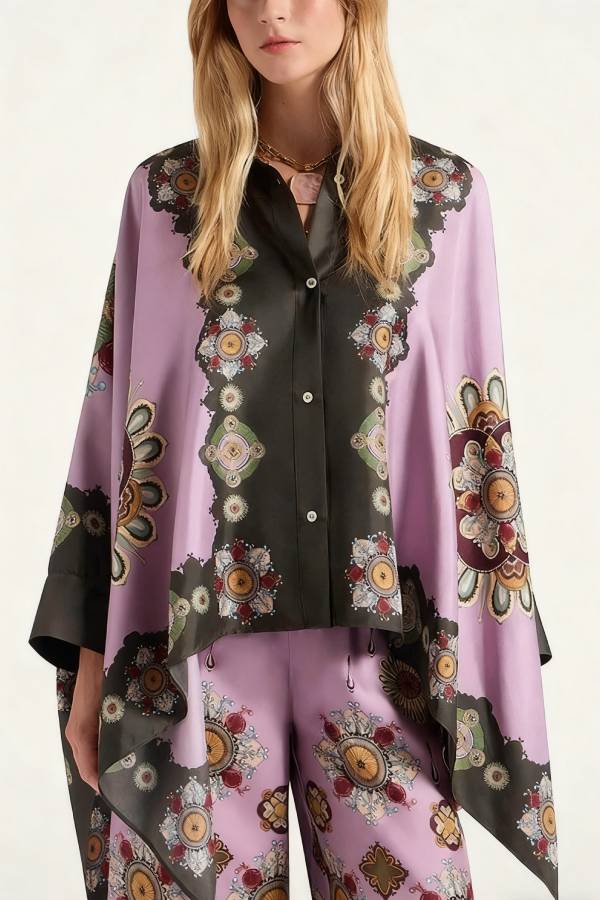 Satin Unique Print Loose Batwing Sleeve Top and Elastic Waist Pocket Casual Wide-leg Pants Set