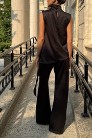 Simply Luxe Satin High Neck Irregular Hem Top and Elastic Waist Flare Loose Pants Set