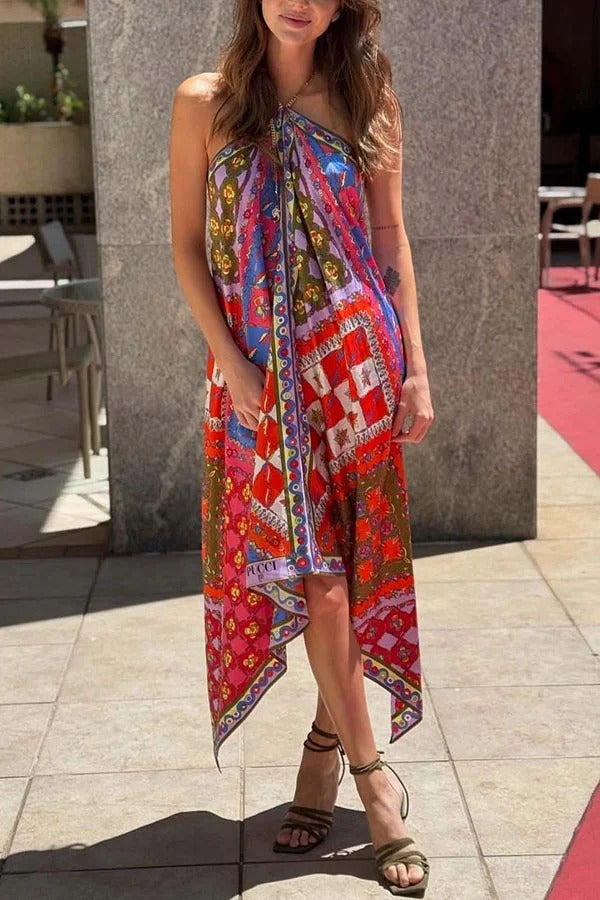 Artistic Girl Asymmetric Unique Print Chain Halter Draped Scarf Midi Dress