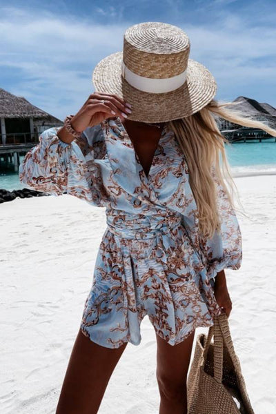 Printed lantern sleeve fitted waist jumpsuit shorts
