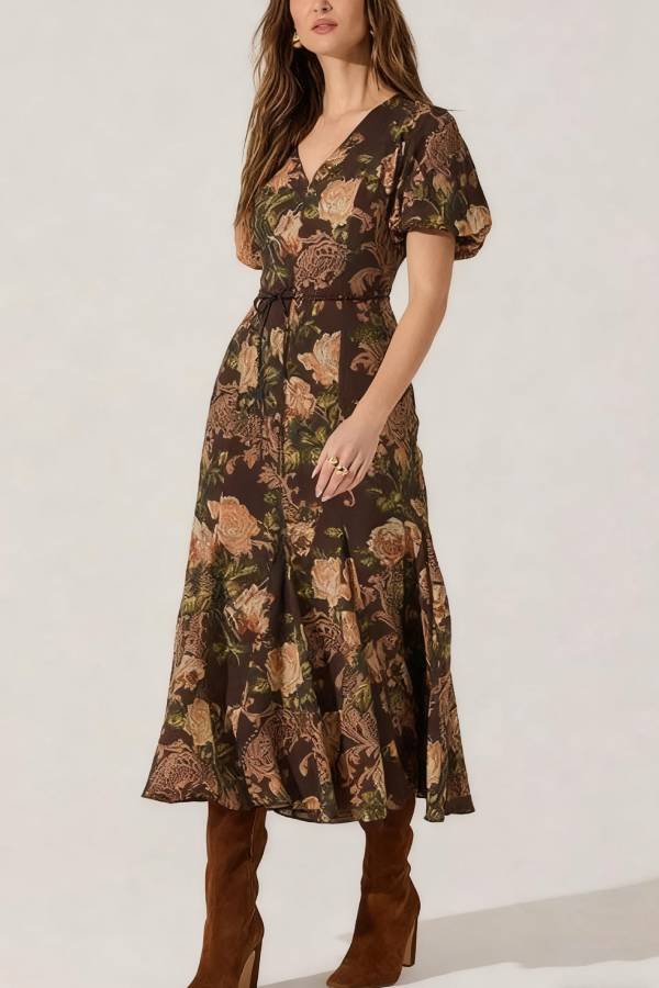 V Neck Puff Short Sleeves Floral Print Midi Dress