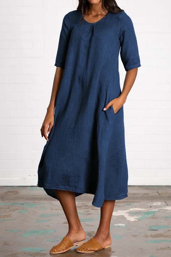 Round Neck Half Sleeve Long Solid Color Casual Cotton Linen Dress