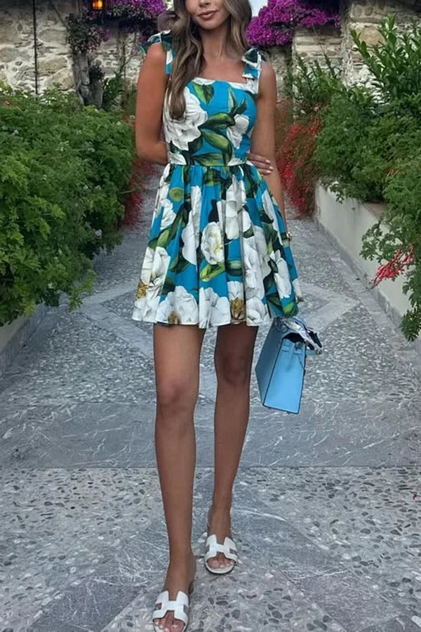 Fresh and Romantic Floral Print Square Neck Knotted Straps Mini Dress