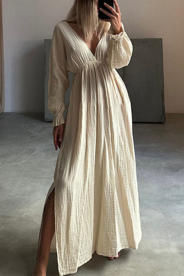 Casual V-neck Slit Cotton and Linen Dress