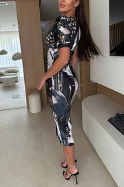Unique Print V-Neck Puff Sleeve Slit Slim Midi Dress