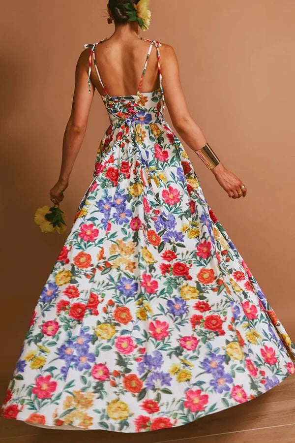 Garden Wedding Floral Print Back Tie-up Pocketed Slit Maxi Dress