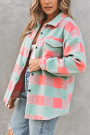 Pink Plaid Colorblock Casual Oversized Jacket