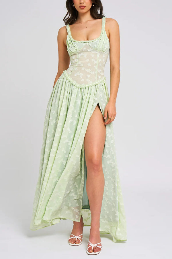 Ulissa Light Green Square Neck Jacquard Textured High Slit Maxi Dress