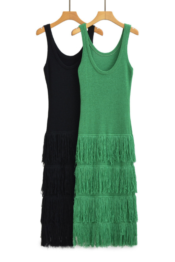 Solid Color Hem Fringe Knitted Suspender Dress