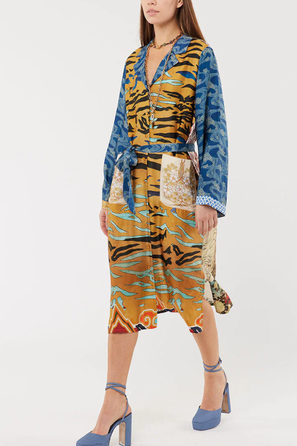 Tropical Jungle Tiger Unique Print Long Sleeve Belt Pocketed Kimono Coat