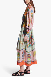 Set for Vacay Unique Print Colorblock Balloon Sleeve Belt Shirt Maxi Dress