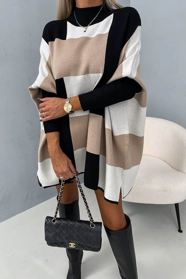 Hughes Color Block Plaid Mock Neck Cape Loose Sweater