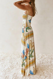 Linen Blend Unique Print Off-The-Shoulder Pleated Resort Maxi Dress