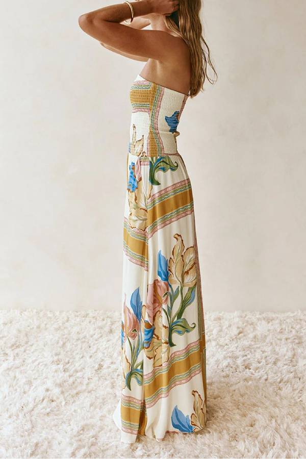 Linen Blend Unique Print Off-The-Shoulder Pleated Resort Maxi Dress