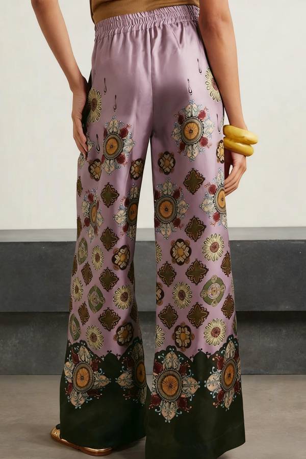 Satin Unique Print Loose Batwing Sleeve Top and Elastic Waist Pocket Casual Wide-leg Pants Set