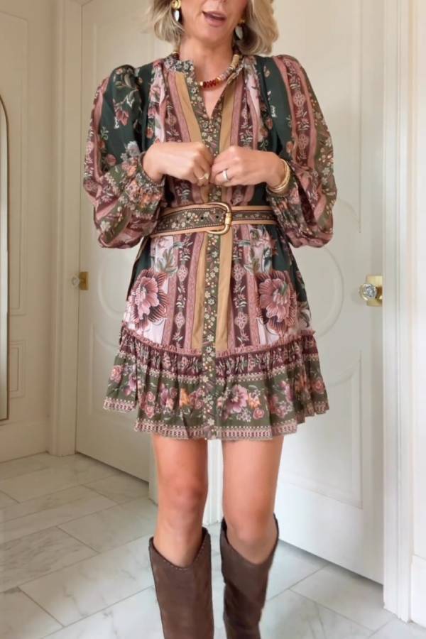 Belted Puff-Sleeve Mini Dress