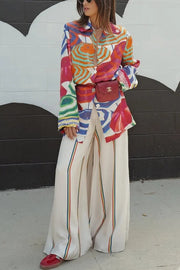 Ellah Satin Rainbow Stripe Print Drawstring Elastic Waist Pocket Wide Leg Pants
