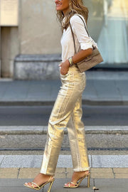 Retro straight-leg gold trousers with loose pockets and wide legs