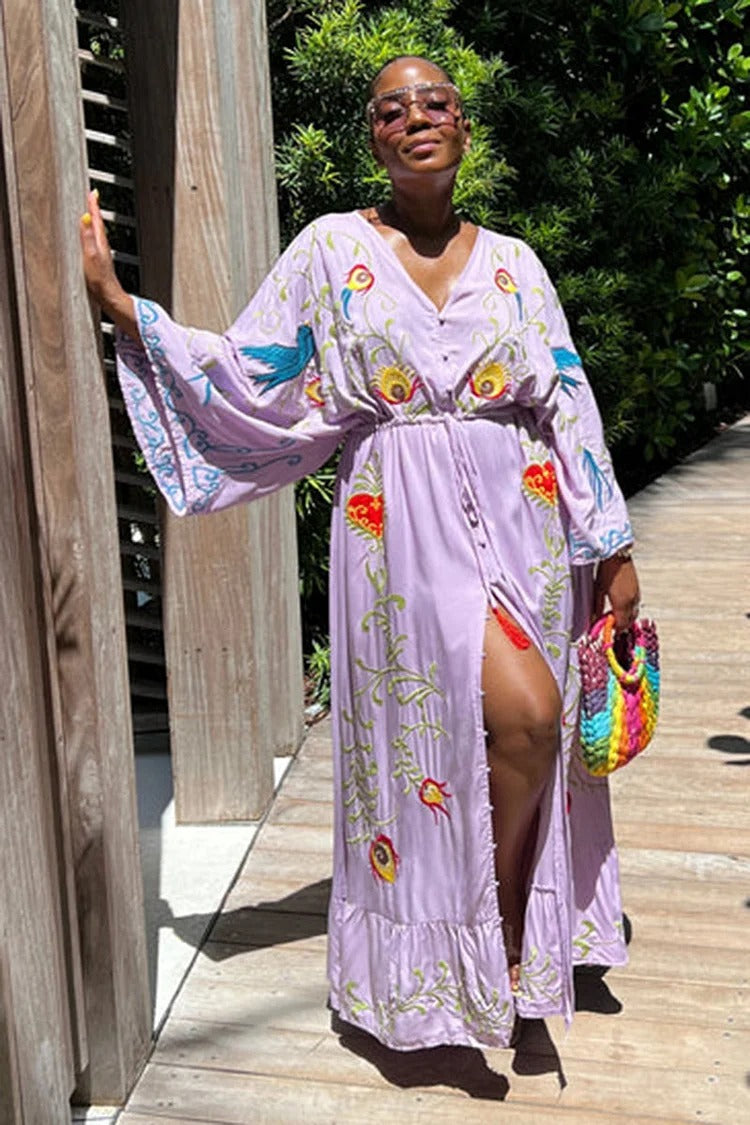 FLORAL EMBROIDERY V NECK BUTTON DOWN VACATION MAXI DRESSES [PRE ORDER]