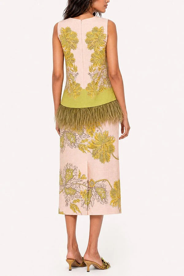 Unique Botanical Print Feather Trim Sleeveless Top and High Rise Slit Midi Skirt Set
