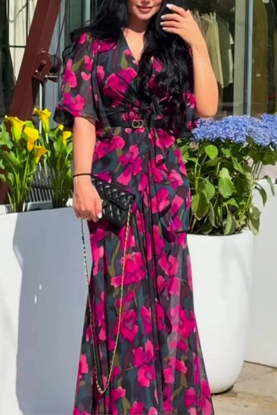 Retro V-neck trumpet sleeve printed dress